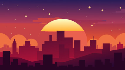 Fototapeta premium The Sunset Over a City with the Lights Starting to Glow