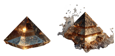 Two faceted amber colored pyramids one intact and one shattering into liquid droplets isolated on transparent background