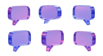 Rendered 3D transparent speech bubbles in different angles on a white background used for messaging or communication design