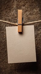 Blank Paper Note With Wooden Clip Hanging on Twine Against Rustic Background for Stylish Stationery Design