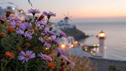 Purple and orange flowers stand vibrantly by the coast, overlooking a bright lighthouse and a windmill under the tranquil sunset sky.