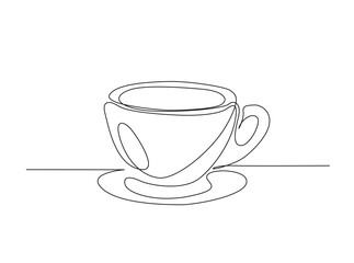 A cup of hot coffee in single outline illustration. Continuous line art drawing of cup cofffee with coffee beans.