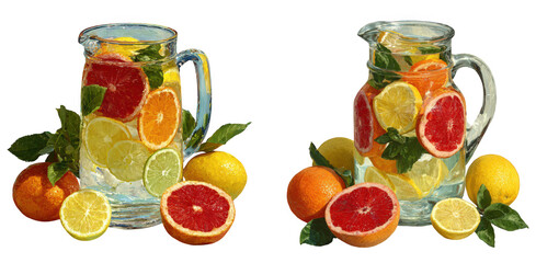 Two pitchers filled with refreshing infused water and slices of citrus fruits isolated on transparent background
