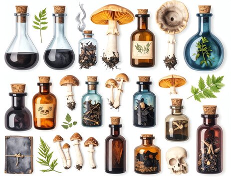 Various potion bottles with herbs and fungi.