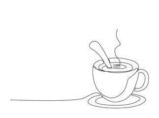 A cup of hot coffee in single outline illustration. Continuous line art drawing of cup cofffee with coffee beans.