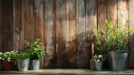 A rustic wooden shelf with various potted plants and a garden tool, set against a weathered wooden wall.