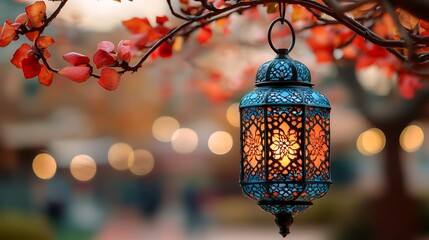 Ornate blue lantern hanging amidst autumnal foliage.
