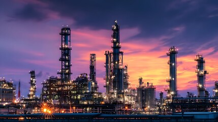 Fototapeta premium Oil refinery at dusk with glowing lights, complex piping, and tall towers against a colorful sky. Concept:Energy production, industrial infrastructure, oil and gas industry, petrochemical processing,