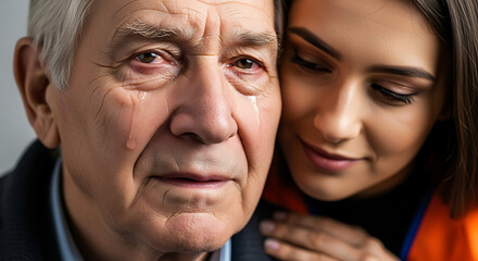 A caring young woman comforts a crying elderly man, offering solace and support during a difficult, emotional moment.
