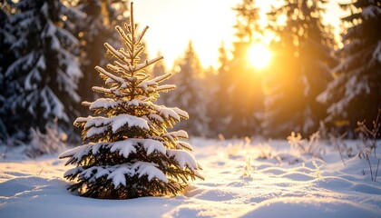 Snowy fir tree at winter sunset