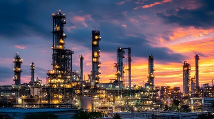 Obraz premium Oil refinery at dusk with glowing lights, complex piping, and tall towers against a colorful sky. Concept:Energy production, industrial infrastructure, oil and gas industry, petrochemical processing,