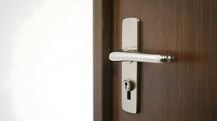 Elegant silver door handle on rich dark wood, symbolizing access, security, and new beginnings.
