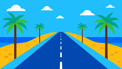Ocean Side Highway with Palm Trees Blue Sky and Scenic Coastal Drive
