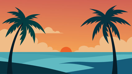 Obraz premium Swaying Palm Trees on a Sea Beach with Gentle Breeze at Golden Hour Sunset