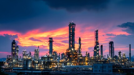 Obraz premium Oil refinery at dusk with glowing lights, complex piping, and tall towers against a colorful sky. Concept:Energy production, industrial infrastructure, oil and gas industry, petrochemical processing,