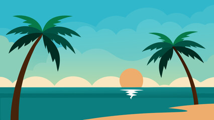 Obraz premium Tranquil Turquoise Sea Beach with Palm Trees and a Peaceful Calm Horizon
