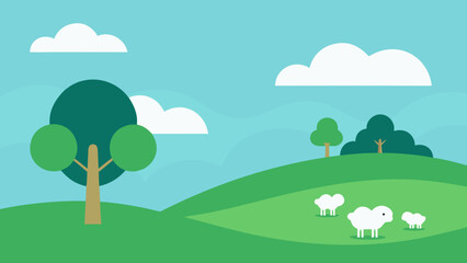 Obraz premium Idyllic Pastoral Landscape With Grazing Sheep Tree Line and Sky