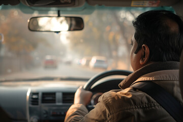 Generative AI image of senior man driving a car