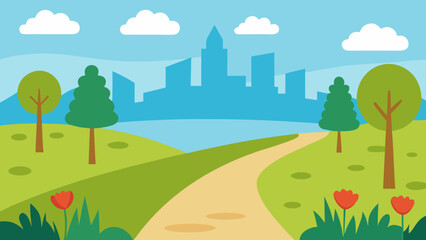 Obraz premium Tranquil Riverbank Path With Wildflowers Trees and Distant Hills