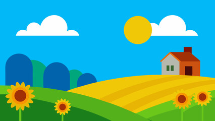 Fototapeta premium Vast Rolling Countryside With Sunflowers Blue Sky and Green Fields