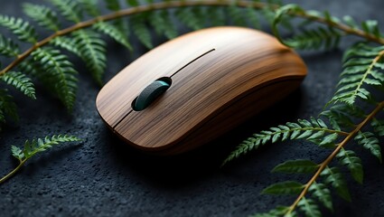 A wooden computer mouse with a green scroll wheel surrounded by fern fronds on a dark surface