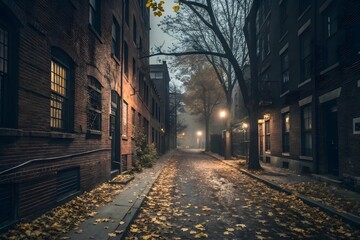 Fototapeta premium Eerie cobblestone alleyway bathed in soft light on a foggy autumn evening