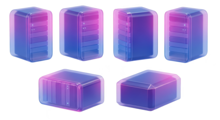 3D rendered servers glowing blue and pink arranged in multiple perspectives against white background depicting technology and data processing