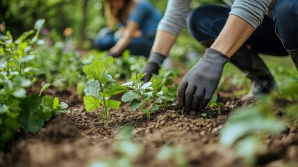 Fototapeta premium Two people planting in a garden. One is wearing a gray shirt and black pants, while the other is wearing a blue shirt and blue jeans.
