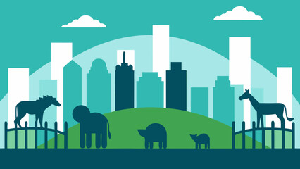 Naklejka premium Urban Skyline Behind a Zoo Enclosure With Animals in Foreground