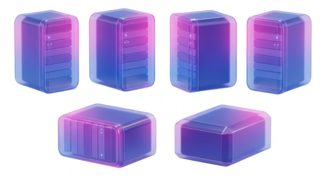 3D rendered servers glowing blue and pink arranged in multiple perspectives against white background depicting technology and data processing