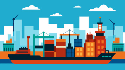 Obraz premium Industrial Skyline of a Port City With Cranes Ships Containers