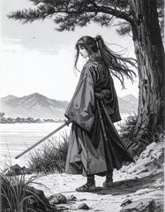  Dynamic Samurai in Traditional Clothing with Flowing Hair (Black and White Line Art)