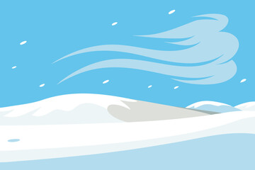  a winter landscape with snow covered hills and strong wind blowing across the sky vector illustration