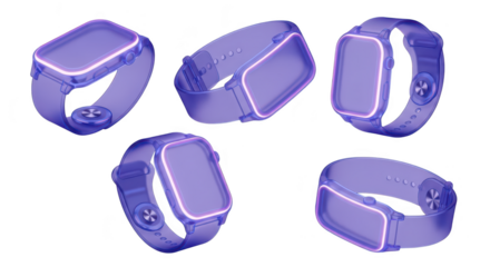 Rendered purple smartwatches displaying angles with light accents on white background intended for technology marketing assets