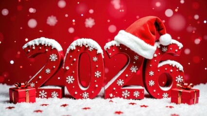 2026 sign, Happy New Year holiday card, 3d numbers on red background with snow, gifts and Christmas cap for calendar