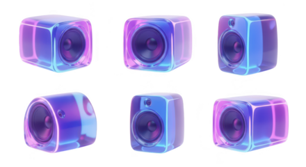 3D render of colorful futuristic speakers in various angles isolated on a white background; suitable for music audio and tech visuals
