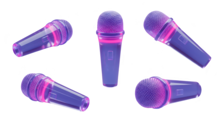 Glowing microphones in various angles on a purple studio background for audio recording and music production