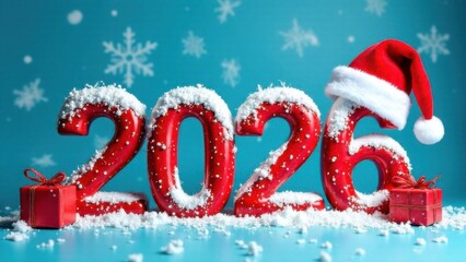 2026 sign, Happy New Year holiday card, red 3d numbers on blue background with snow, gifts and Christmas cap for calendar
