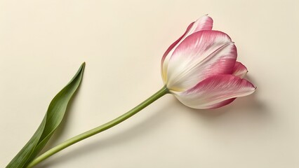 Naklejka premium A single fresh pink and white tulip flower with its green stem and leaf gently rests on a simple light background, highlighting its natural beauty.