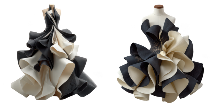 Two avant garde black and cream ruffled gowns displayed on mannequins isolated on transparent background