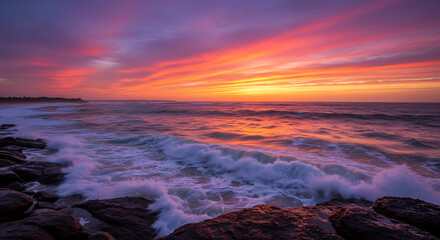 Dramatic coastal sunset with a fiery orange and purple sky reflecting on ocean waves crashing against a rocky shore.