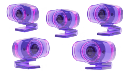 Multiple purple webcams arranged on a white surface for online communication Background is plain white Perfect for tech visuals