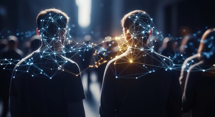 Two men walking amidst a crowd, their heads overlaid with a digital network.