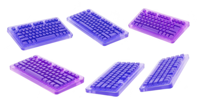 Six translucent colorful keyboards floating against a white background depicting concepts of technology design and innovation