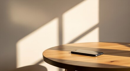 Smartphone on Round Wooden Table in Golden Afternoon Light