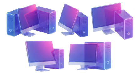 A set of stylized transparent computer icons in different angles on a white background suitable for tech design or website graphics