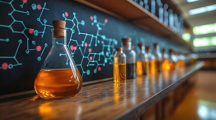 Row of various glass flasks on a wooden shelf.