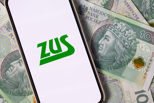 Poznan, Poland - July 20, 2025: ZUS application logo on a smartphone screen, symbolizing Polish social insurance and digital access to public financial services