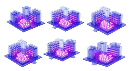 Digital isometric city models showing data processing in various states against a white backdrop possibly for tech concepts