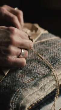 Close-up of hands slowly unwrapping a craft-paper-wrapped parcel tied with jute string